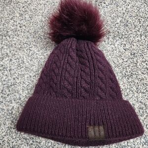 Plum Cable Knit Beanie with Pom Pom